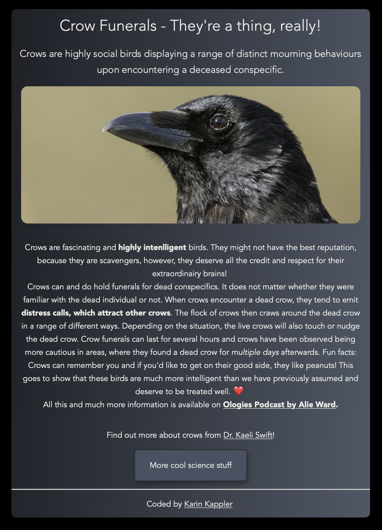 Screenshot of a box with a picture of a crow on top and information about crows at the bottom