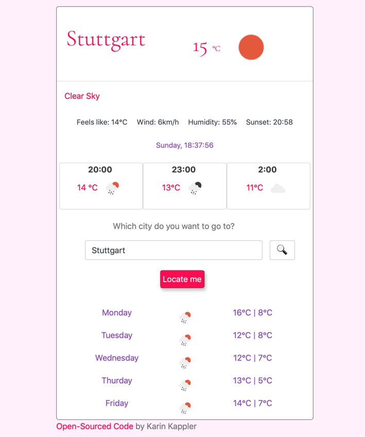 Screenshot of a weather forecasting app showing data for Stuttgart, Germany